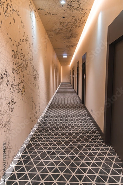 Obraz Well lit hotel corridor with gray and white geometric carpet, line art world map on walls and ceiling, dark framed doors, and recessed lighting.