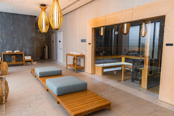 Obraz Modern spa area featuring a glass enclosed sauna, wooden benches with light blue cushions, pendant lights, and light colored tiled flooring.