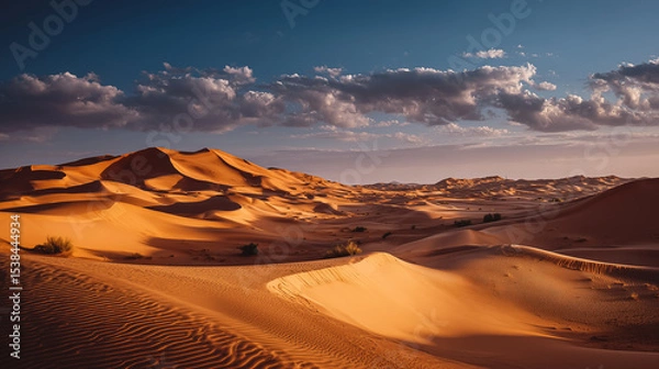 Fototapeta Expansive sand dunes stretch across the horizon, capturing the warm hues of sunset. Golden sands flow gently in the soft light. Concept of travel, adventure, outdoor exploration