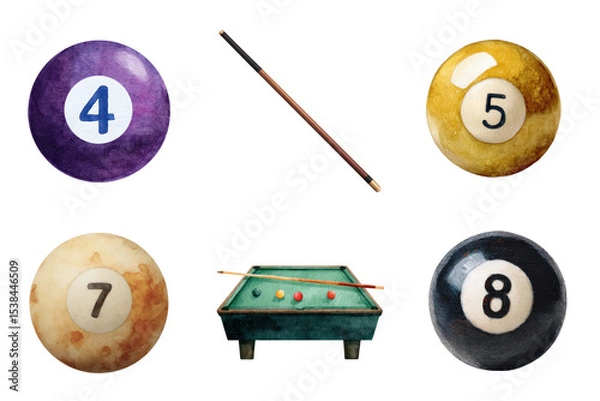 Fototapeta Watercolor illustration of billiard balls numbers 4 5 7 8 pool cue and table transparent background