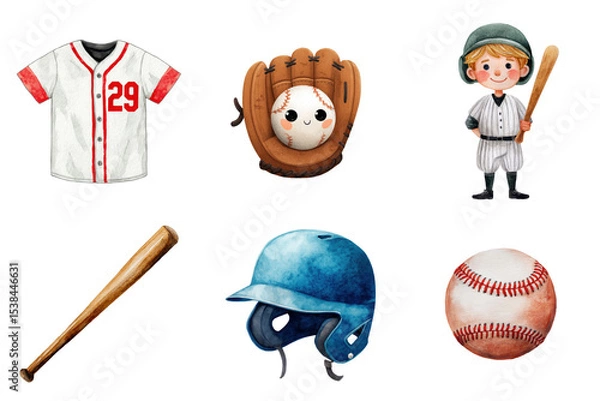 Fototapeta Watercolor Baseball Illustrations Set Jersey Bat Glove Ball Helmet and Player on Transparent Background