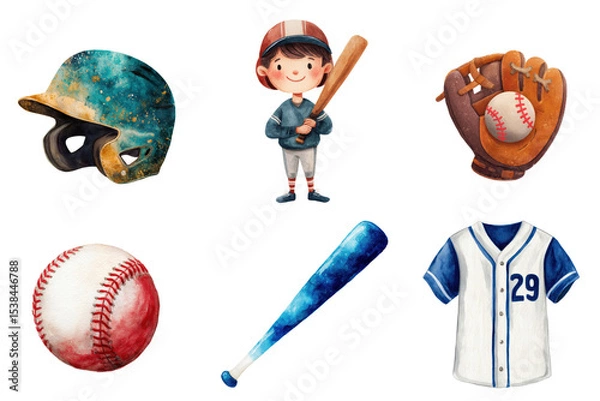 Fototapeta Watercolor illustration of baseball equipment a boy a helmet a bat a glove and a jersey on transparent background