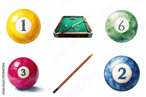 Fototapeta Watercolor illustration of pool balls numbers 1 2 3 6 billiard cue and table transparent background