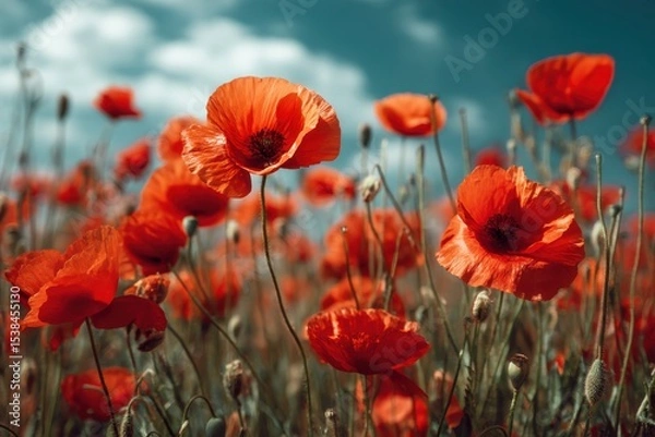 Fototapeta Vibrant red poppy field blossoming under brilliant summer skies during golden hour