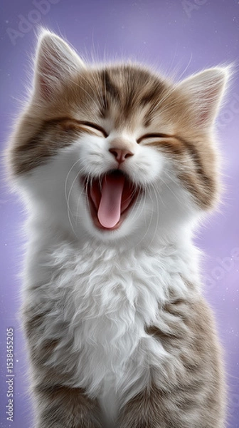 Fototapeta Kitten yawns joyfully, looking at camera with playful demeanor. Soft fur and cute features shine against vibrant purple backdrop. Concept of pet care, animal photography, feline happiness