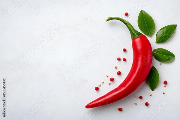 Fototapeta Red chili pepper rests on a light textured surface surrounded by green leaves and various peppercorns. This vibrant arrangement highlights flavors and adds excitement to culinary settings