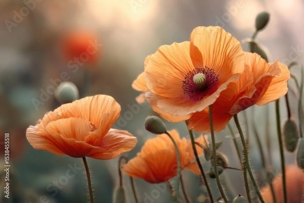 Fototapeta Vibrant orange poppies blooming in sunlit meadows, showcasing nature's splendor and summer charm for floral lovers and gardening aficionados