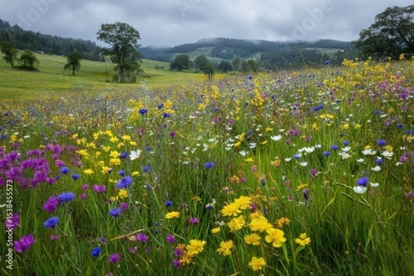Fototapeta Serene green meadow with colorful wildflowers perfect for nature lovers and relaxation seekers