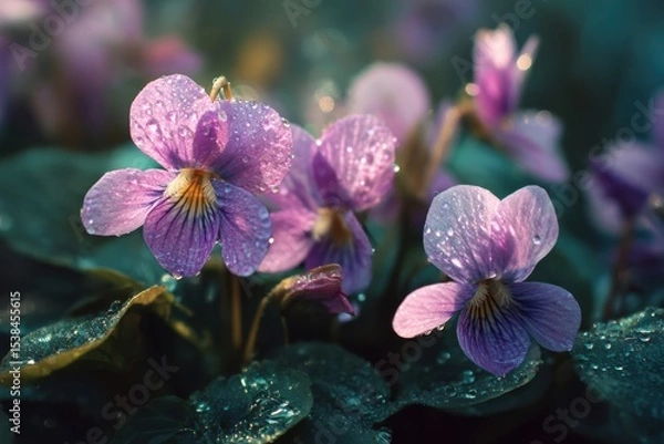 Fototapeta Violets embellished with radiant morning dew, showcasing tender blooms and vibrant greenery, illuminated by gentle natural light, ideal for flower aficionados and outdoor admirers