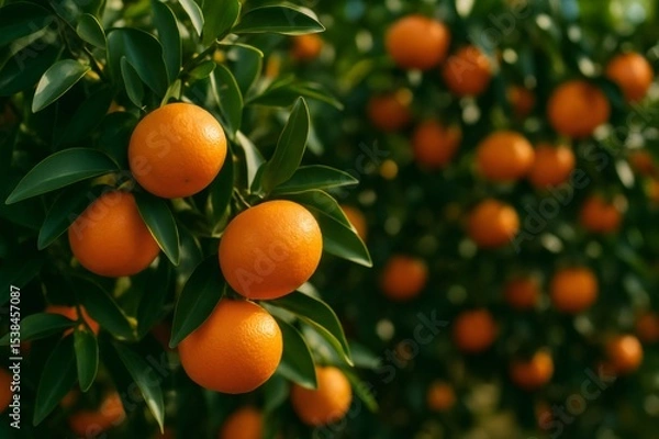 Fototapeta Ripe orange fruits clustering on tree branches, glowing under sunlight, revealing vivid colors during harvest season