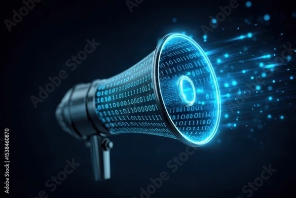 Fototapeta Misinformation in social media algorithms concept. A digital megaphone emits glowing binary code, symbolizing amplified data communication or digital information broadcast.