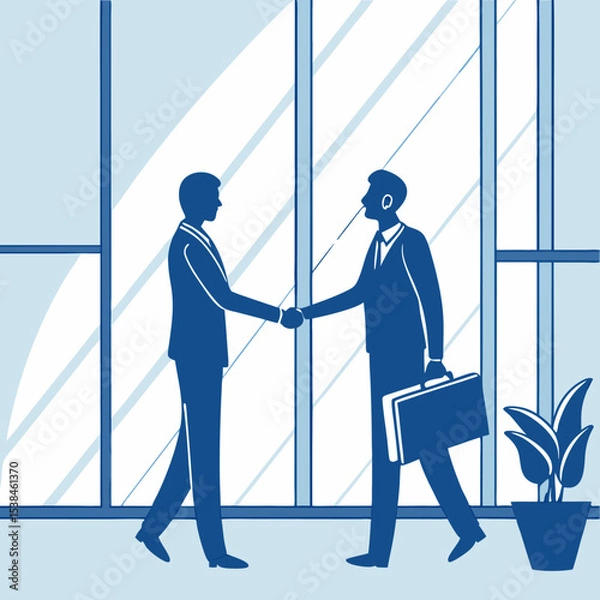 Obraz Two businessmen in suits shaking hands in an office building with a window view of the city, symbolizing corporate success and teamwork