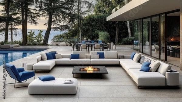 Obraz Outdoor sectional sofa set with fire pit.