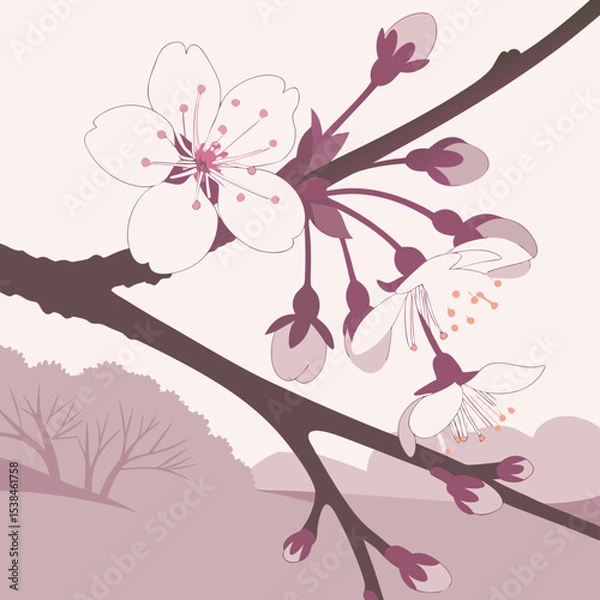 Obraz Pink cherry blossom tree branch vector illustration with floral design