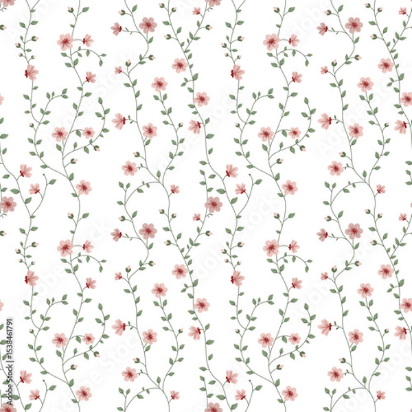 Fototapeta Seamless pattern with flowers. A branch with flowers and leaves. Surface design for gift paper, wallpaper, web page background, greeting cards, textile. Pink flower