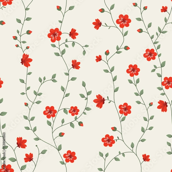 Fototapeta Seamless pattern with flowers. A branch with flowers and leaves. Surface design for gift paper, wallpaper, web page background, greeting cards, textile. Red flower