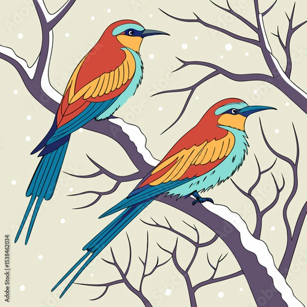 Obraz Vector illustration of a cute cartoon parrot on a tropical tree branch with colorful feathers