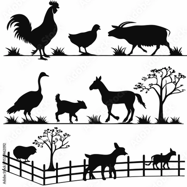 Obraz A vector silhouette collection of farm animals like cows, horses, pigs, and sheep, alongside wild animals such as deer, elephants, giraffes, lions, and tigers