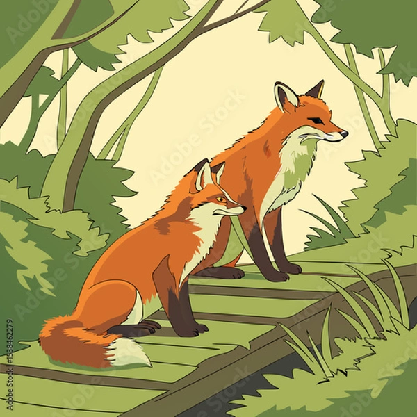 Obraz A cute cartoon red fox with a bushy tail in a wild forest or grassy nature setting
