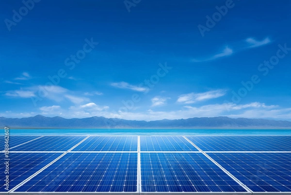 Fototapeta Solar panels capture sunlight in bright blue setting over clear water. Distant mountains provide a serene backdrop, signifying renewable energy and sustainability