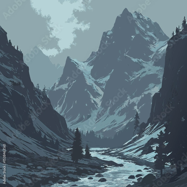 Obraz Snowy mountain landscape vector illustration featuring a winter alpine view with a towering peak under a vast sky