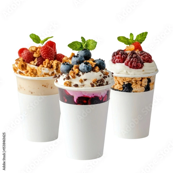 Fototapeta Delicious frozen desserts in cups topped with fresh berries, granola, and mint leaves perfect for summer treats transparent background