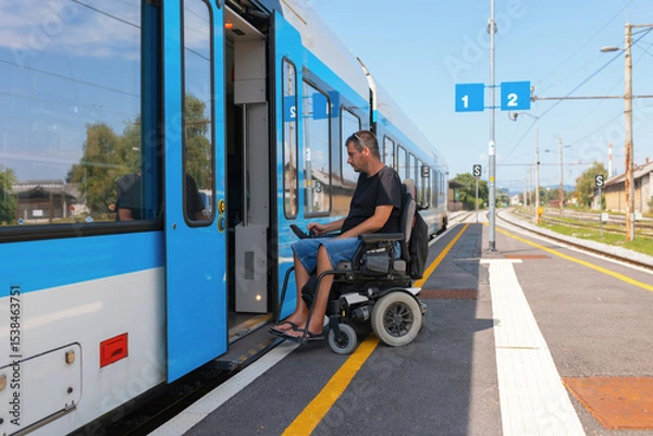 Fototapeta Man with disability navigates a wheelchair onto a train at a transportation hub during the day. He is focused on using a device, showcasing determination and independence.