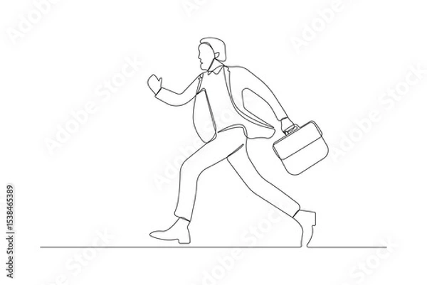 Obraz Continuous line art drawing of businessman with a briefcase running. Man running fast to go to work concept background.