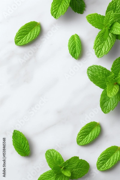 Fototapeta Fresh mint leaves arranged on clean white marble surface. Bright green color showcases freshness and vitality. Concept of cooking, herbal remedies, nutrition