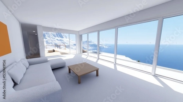 Obraz Modern living room with panoramic mountain and ocean views.