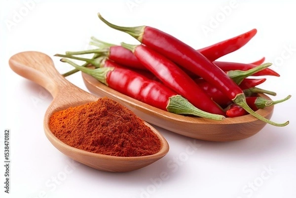 Obraz Vibrant red chili peppers and chili powder arranged on a wooden spoon, showcasing fresh ingredients for cooking.