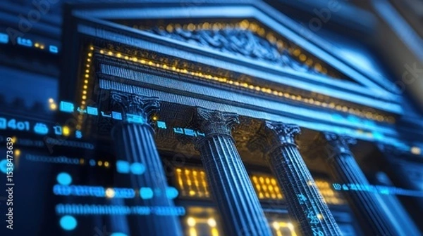 Fototapeta A grand, ornate building with intricate details and glowing lights, set against a dark blue background with glowing elements.
