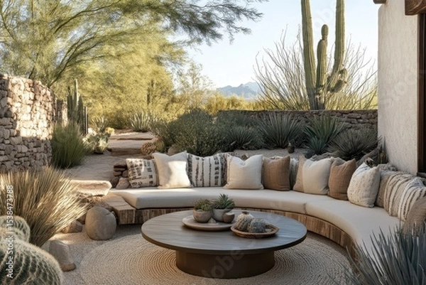 Obraz Cozy outdoor living space designed for relaxation in a natural setting with a circular sofa and vibrant desert plants under clear skies