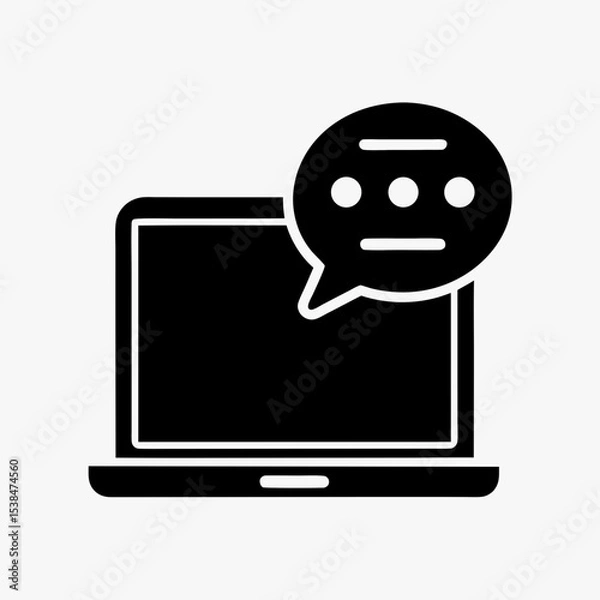 Fototapeta Laptop icon with speech bubble, online communication and chat symbol in black on white background
