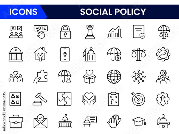 Fototapeta Impactful vector web line icons depicting social policy, welfare, equality, community support, and governance for inclusive societal progress.