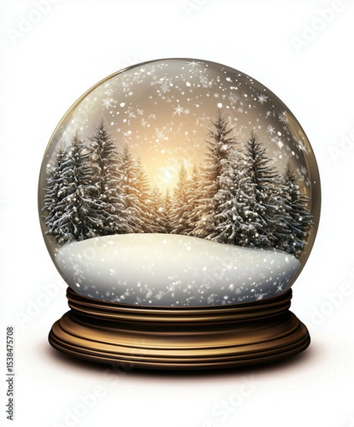 Fototapeta A classic snow globe featuring a serene winter forest scene with snow-covered pine trees and a glowing sunset, set against a swirling flurry of snowflakes.