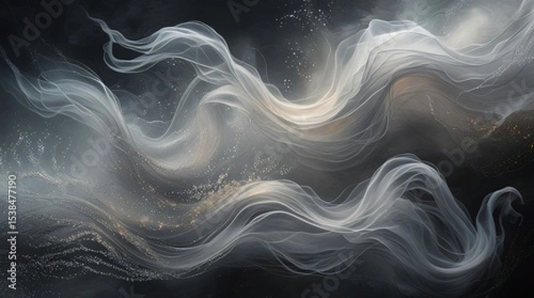 Fototapeta Abstract swirls of white and silver smoke with glittering dust and mystical glow against a dark background. Ethereal fluid design in soft grayscale tones.
