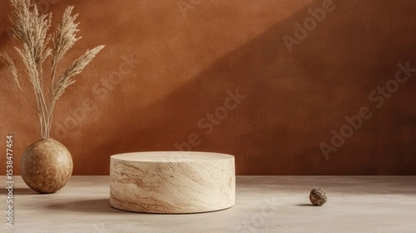 Obraz Beige pedestal with decorative elements against a terracotta wall.
