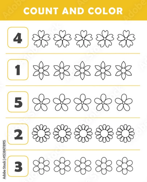 Fototapeta Count and color educational children activity with cute flowers. Mathematics worksheet for kids. Math activities for toddlers to practice early math concepts.