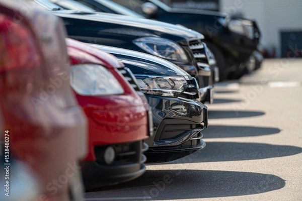 Fototapeta Various cars parked in an organized row at a parking lot during a sunny day