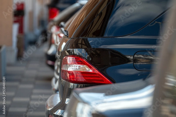 Fototapeta Luxury cars lined up in a parking lot on a sunny day in an urban setting