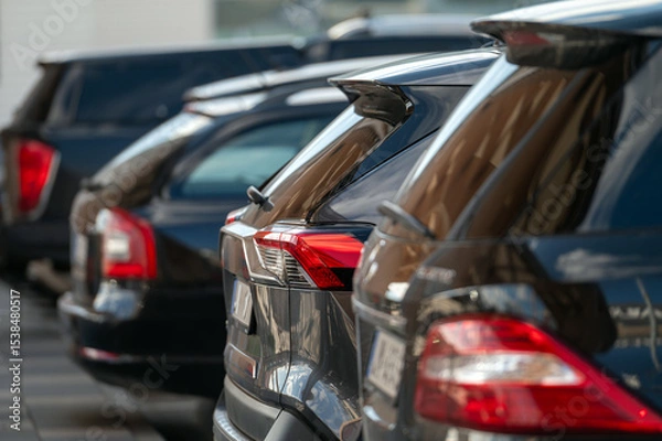 Fototapeta Rows of black vehicles parked in a sunny urban setting during late afternoon hours
