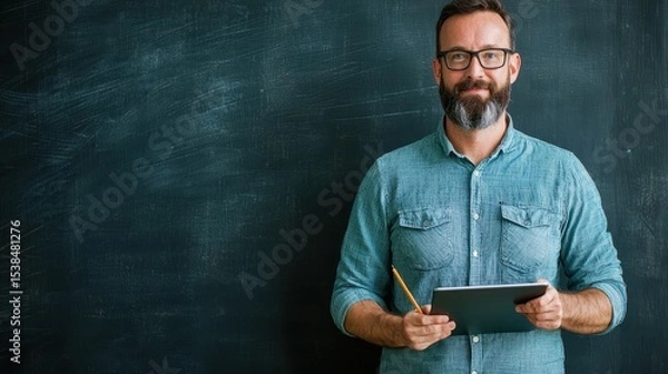 Obraz Professional Man with Tablet and Pencil in Classroom Setting