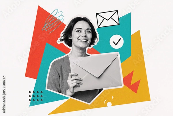 Obraz Creative collage suggesting email marketing and successful newsletter campaign with happy businesswoman holding envelope