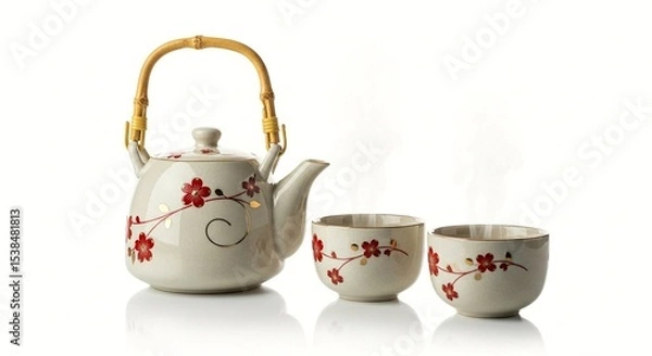 Obraz Elegant japanese tea set with floral design ceramic teapot and cups for traditional tea ceremony