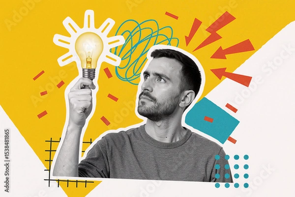 Obraz Creative collage representing a man having a new idea, holding a light bulb in his hand