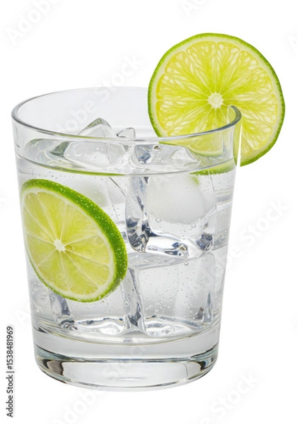 Obraz Gin and Tonic Cocktail with Lime Slices and Ice, Isolated on a Transparent Background.