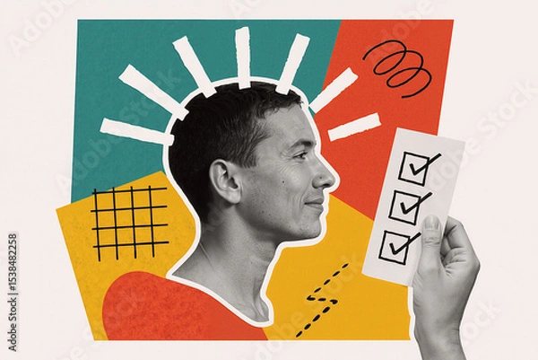 Obraz Creative collage representing positive thinking and self assessment, with a man's profile and a hand holding a checklist with all boxes checked