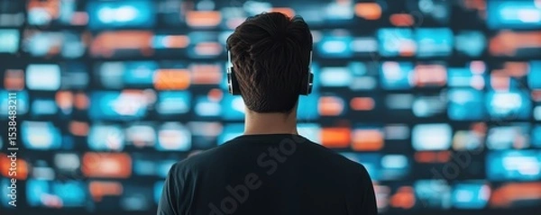 Obraz Person with Headphones Watching Digital Screens in Dark Room