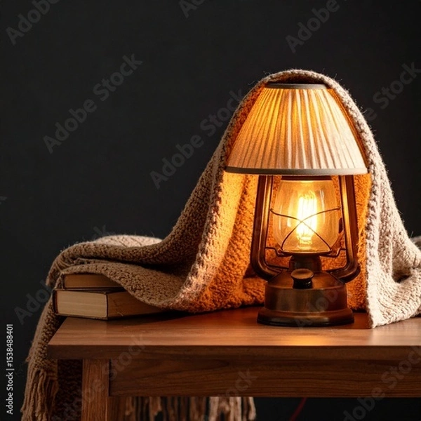 Fototapeta Incandescent Lamp with Hood Above Table on Black Background